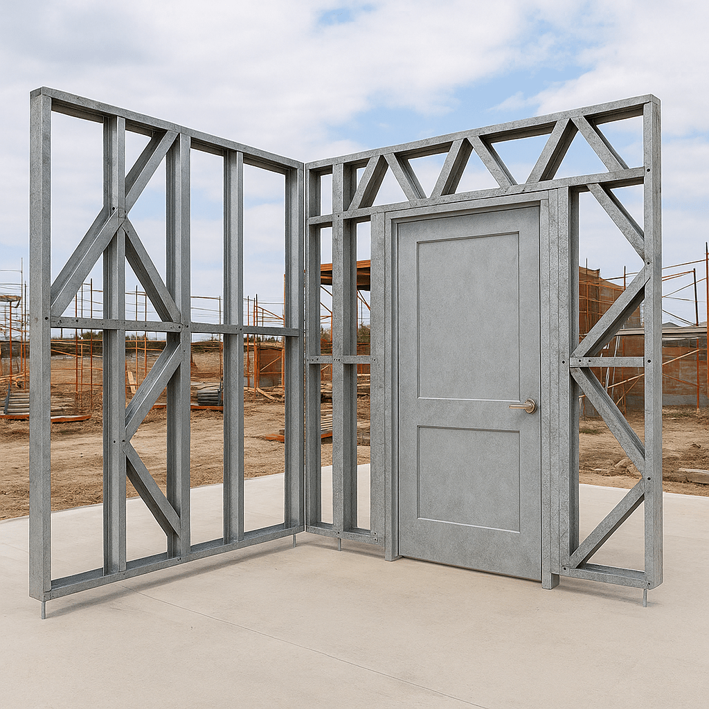 Innovative Living Design Modular Wall - 8x8ft with 2.6x6.8 ft centered Door - 16" simple studs spacing - Ga. 20, Grade 50 Galvanized Steel