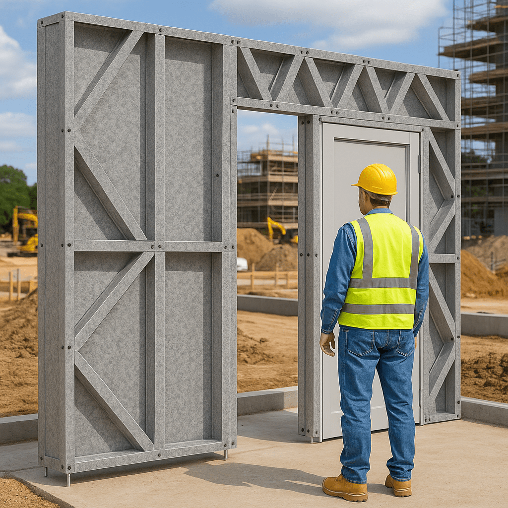 Innovative Living Design Modular Wall - 8x8ft with 3x6.5 ft non centered Door - 16" simple studs spacing - Ga. 20, Grade 50 Galvanized Steel