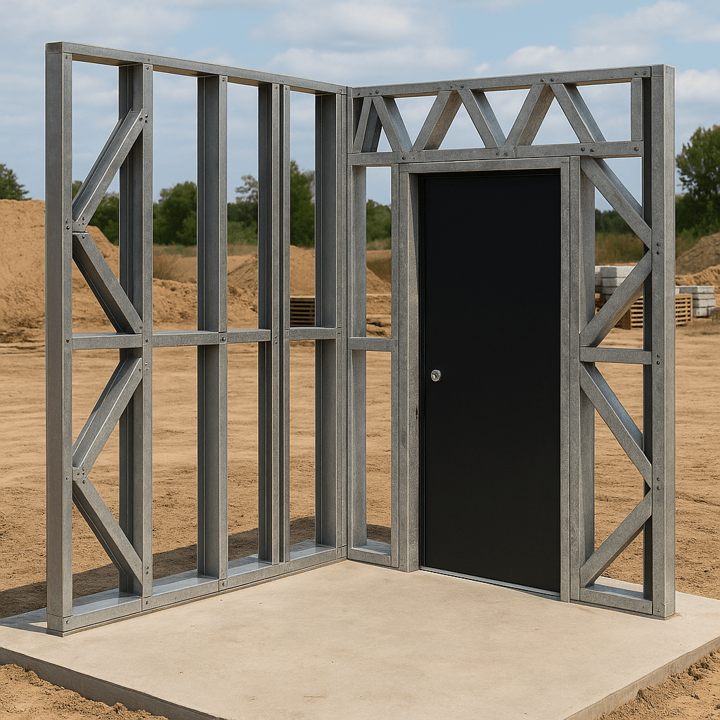 Innovative Living Design Modular Wall - 8x8ft with 3x6.6 ft non centered Door - 16" simple studs spacing - Ga. 20, Grade 50 Galvanized Steel